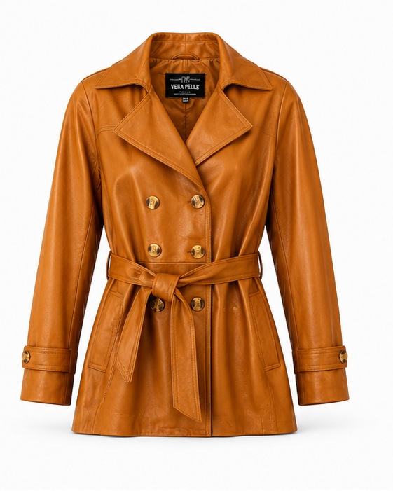 Tan leather trench coat